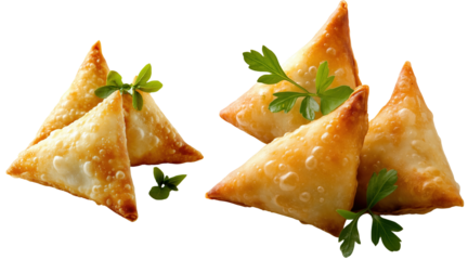 Delicious Golden Triangle Snacks with Fresh Green Herbs and Spices isolated on transparent background.