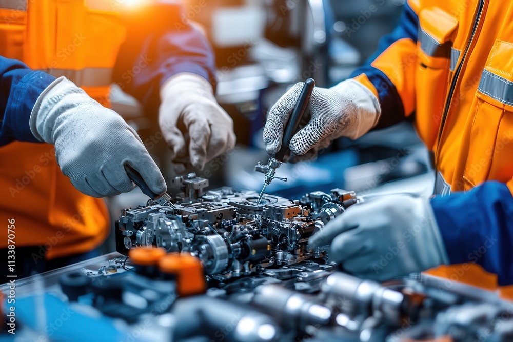 Aufkleber Workers assembling engine components using precision tools, with a blurred manufacturing floor in the background.