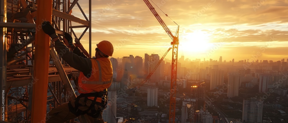 Poster Workers assembling a high-rise structure with the city skyline in the background, emphasizing progress and development.