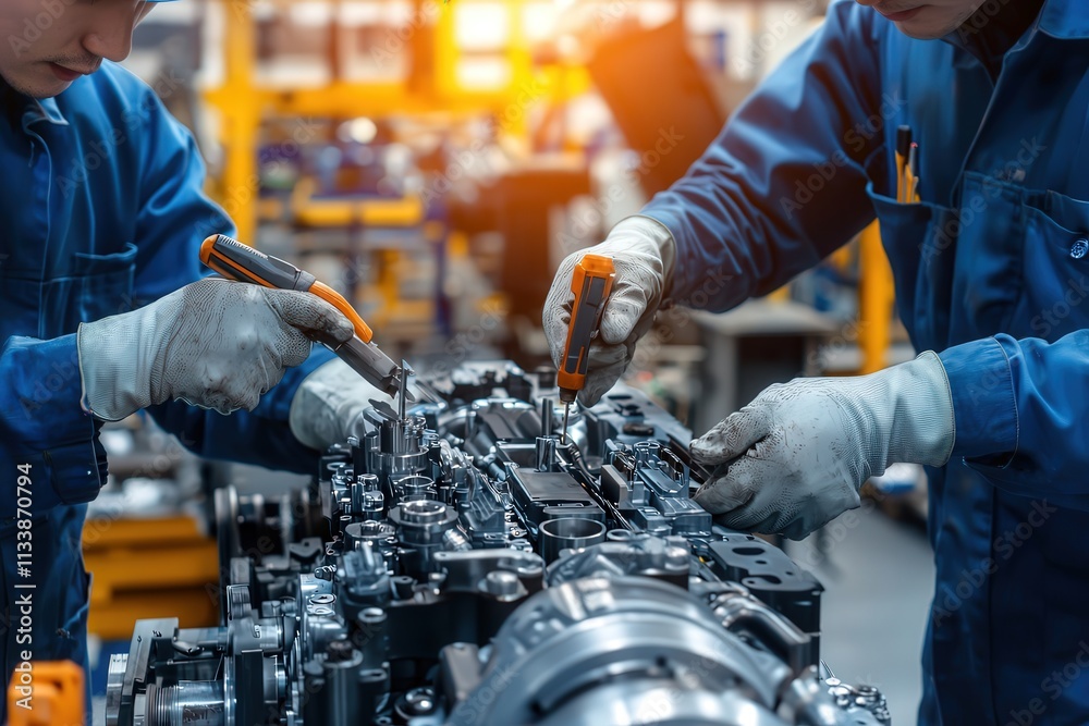 Poster Workers assembling engine components using precision tools, with a blurred manufacturing floor in the background.