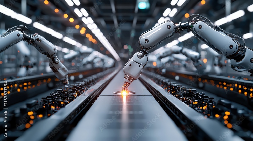 Poster Robotic arms working in perfect synchronization on an automotive assembly line.