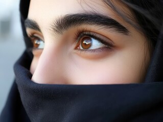 Fototapeta premium Closeup Portrait of a Young Woman Partially Hidden by a Black Veil, Brown Eyes Gazing Pensively into the Distance Mysterious Beauty