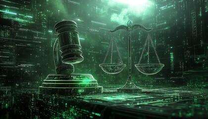 Fototapeta premium A glowing gavel and scales of justice in a hightech, cyberthemed environment, symbolic of legal balance and futuristic law, detailed AIgenerated art
