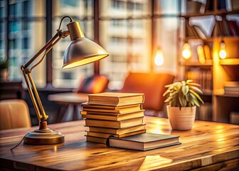 Wooden desk, reading lamp, and soft bokeh create a calming, aesthetic home office workspace. Books and warm lighting complete the cozy study.