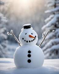 Obraz premium happy snowman, winter scenery, snowman in winter, snowy landscape, joyful snowman, winter wonderland, snow-covered ground, winter holiday season, cheerful snowman, snowman with scarf, snowman with hat