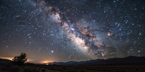 Fototapeta premium A Night Sky Panorama Featuring the Milky Way Galaxy Arcing Over a Dark Mountain Range
