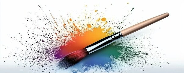 Fototapeta premium A vibrant paintbrush lies against a colorful explosion of paint splatters, showcasing creativity and artistic expression.