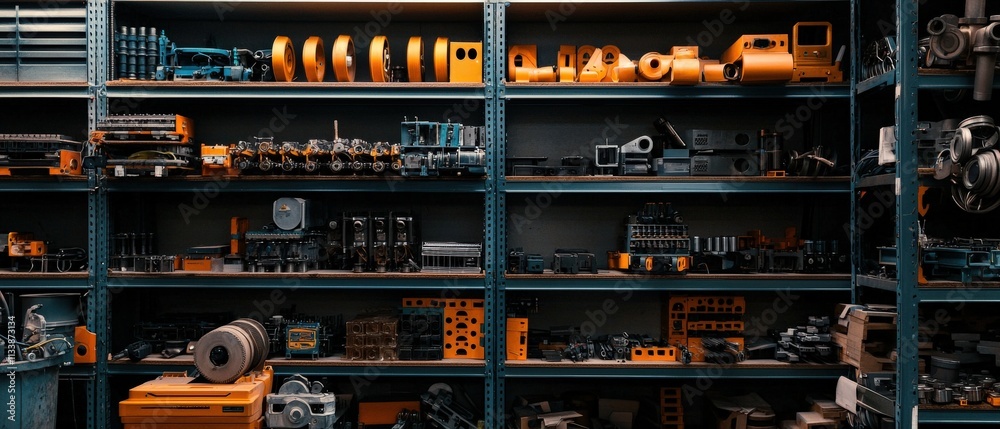 Poster industrial shelves stacked with neatly organized machine components, with workers inventorying the s
