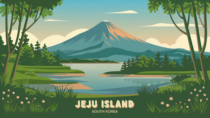 Serene Retro Illustration of Jeju Island with Hallasan Volcano and Calm Lake