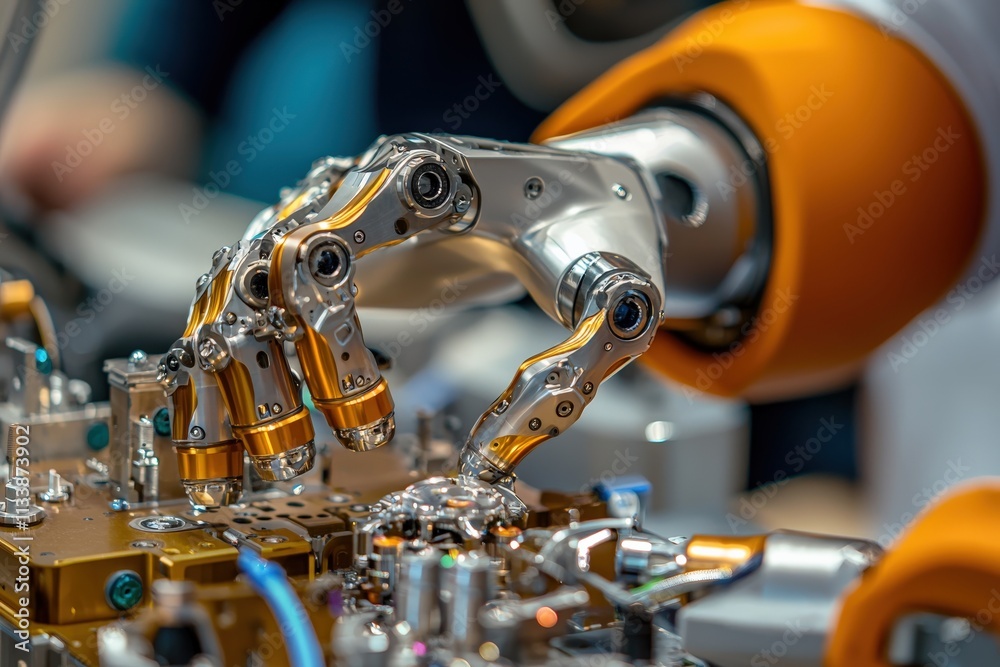 Poster close-up of a robotic gripper handling small, intricate parts with precision.