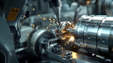 Fototapeta premium Close-up of an industrial lathe machining a steel cylinder, with sparks flying.