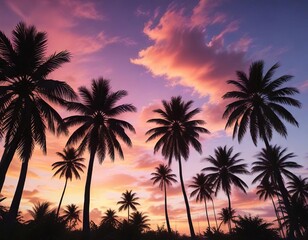 Fototapeta premium Tropical palms silhouetted against colorful sky, palms, sky