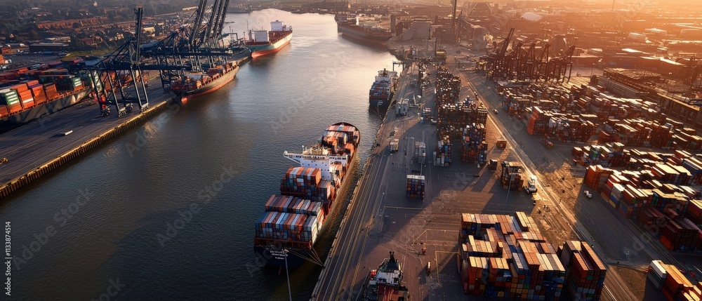 Poster Aerial view of a busy shipping port filled with stacked cargo containers and massive freighters docked along the quay.