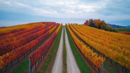 Fototapeta premium Harvest season in a scenic vineyard autumn colors landscape photography rural setting aerial view nature's beauty