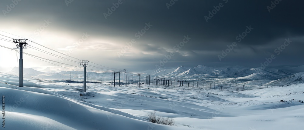 Poster a network of massive industrial pipelines stretching across a snowy landscape under a gray sky.