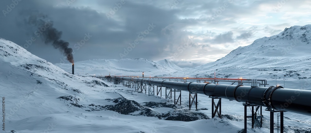Poster a network of massive industrial pipelines stretching across a snowy landscape under a gray sky.