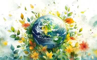 Delicate watercolor Earth surrounded by soft, flowing leaves and colorful flowers, bright and soothing natural elements, AIgenerated artistic depiction