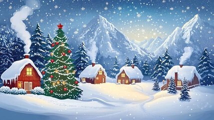 landscape with christmas tree and wooden houses