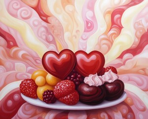 A vibrant plate of heart-shaped treats and colorful fruits against a swirling, warm-toned background.