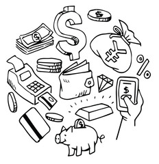 Money and finance doodle set. Collection of hand drawn cash savings piggybank scale with dollars currency stack of coins money savings isolated on 