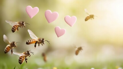 A whimsical scene of bees flying around pink hearts, symbolizing love and nature's beauty.