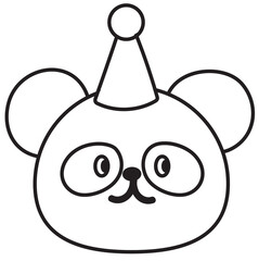 Outline of panda with party hat for kid colouring book, art, painting, animal print, tattoo, zoo, souvenir shop, cartoon character, comic, mascot, amusement park, cute patch, celebration, brooch, icon