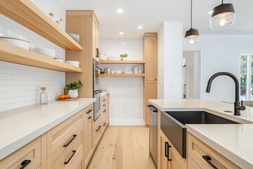 A minimalist kitchen design with light wood cabinets, open shelves, and a matte black faucet.