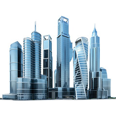 Fototapeta premium Isometric View of Sleek, Modern City with Glass and Steel Skyscrapers on Transparent Background 