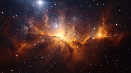 Fiery nebula with bright stars and cosmic dust clouds in deep space.