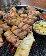 food, samgyeopsal, meat, cuisine, barbecue, cooking, pork, bbq, dinner, korea, korean, dish, grilled, meal, grill, delicious, traditional, tasty, restaurant, korean food, ingredient, raw, cook, fresh,