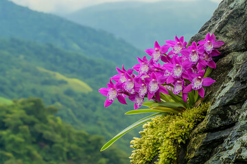 A vibrant cluster of purple orchids growing on a rocky surface amidst lush green mountains.