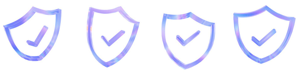 Set of 4 3d glass shield checkmark outline shape with aberration effect isolated on a transparent background. Blue tone. 3d transparent elements for graphic design.