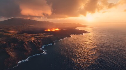 Fototapeta premium Volcanic Eruption Sunset Coastal Landscape