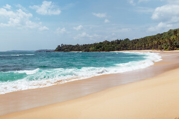 Beautiful tropical beach with soft golden sands and clear turquoise waters, framed by lush greenery. The peaceful ocean scene and vibrant colors make it a perfect destination for vacations, relaxation