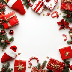 Assorted Christmas Gifts with Red and Gold Trinkets on a Pristine White Background, Abundance of Holiday Cheer