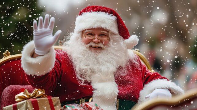 Santa Claus waves happily in snowy Christmas parade