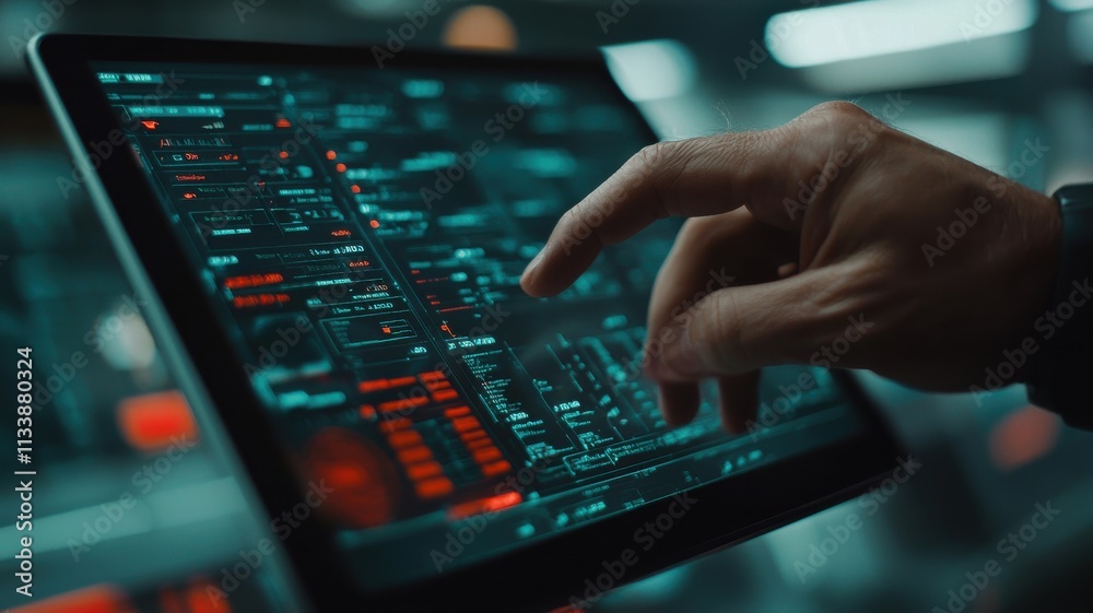 Poster technology event hand interacting with digital interface futuristic lab data visualization close-up 