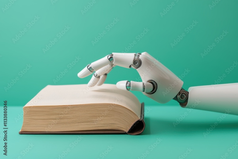Poster robotic hand interacting with open book studio digital image minimalist close-up technology and lear