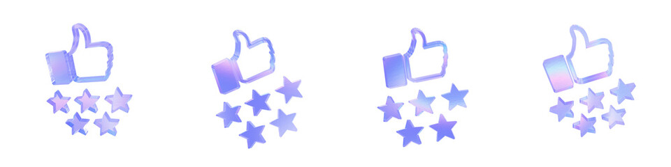 Set of 4 3d glass star rating shape with aberration effect isolated on a transparent background. Blue tone. 3d transparent elements for graphic design.