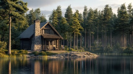 Obraz premium Imagine a cozy, rustic cabin by a lake, surrounded by tall pine trees and a stone chimney.. 