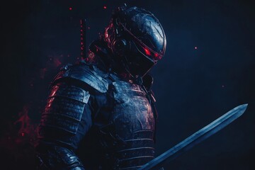 Naklejka premium mysterious warrior in dark armor with glowing eyes