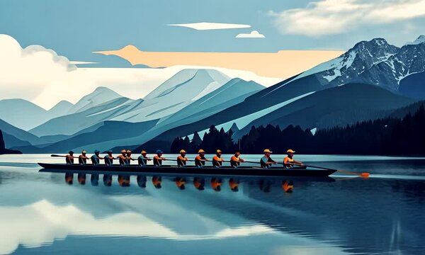 A stylized illustration of a rowing team on a serene lake surrounded by mountains.