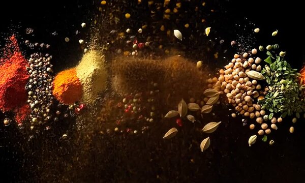 A vibrant array of spices displayed on a dark background, showcasing culinary diversity.