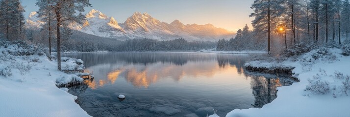 Sunrise over a serene, snow-covered lake reflecting majestic, snow-capped mountains.