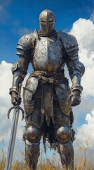 Naklejka premium Armored medieval knight in full armor standing outdoors