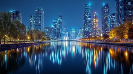 Naklejka premium Modern city skyline at night with bright reflections in the water