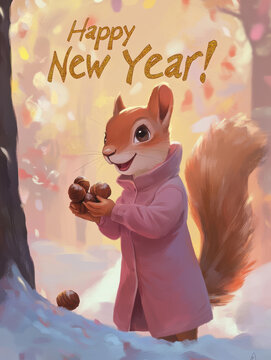 Charming New Year Illustrations with cheerful squirrel wearing a beanie, gathering acorns: Cute Holiday Designs for Cards, Wallpapers, T-Shirts, Posters & Decor