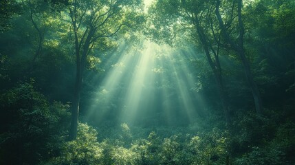 Sunbeams illuminate a lush, misty forest.