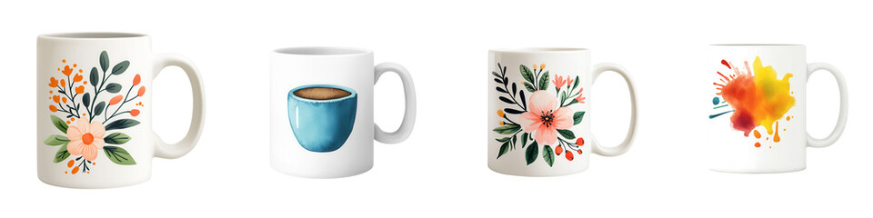 Floral and colorful mug designs showcasing artistic patterns and styles, isolated on transparent background.