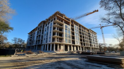 Construction site of an urban building under development surrounded by trees